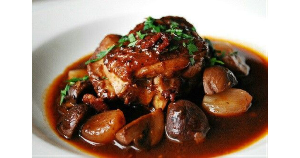 Coq au Vin: Braised French Chicken in Red Wine.